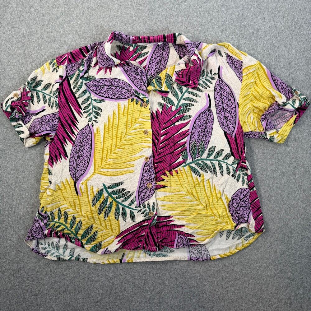 Jane + Delancey Women's Medium Tropical Leaf Print Button Up Shirt Blouse Top